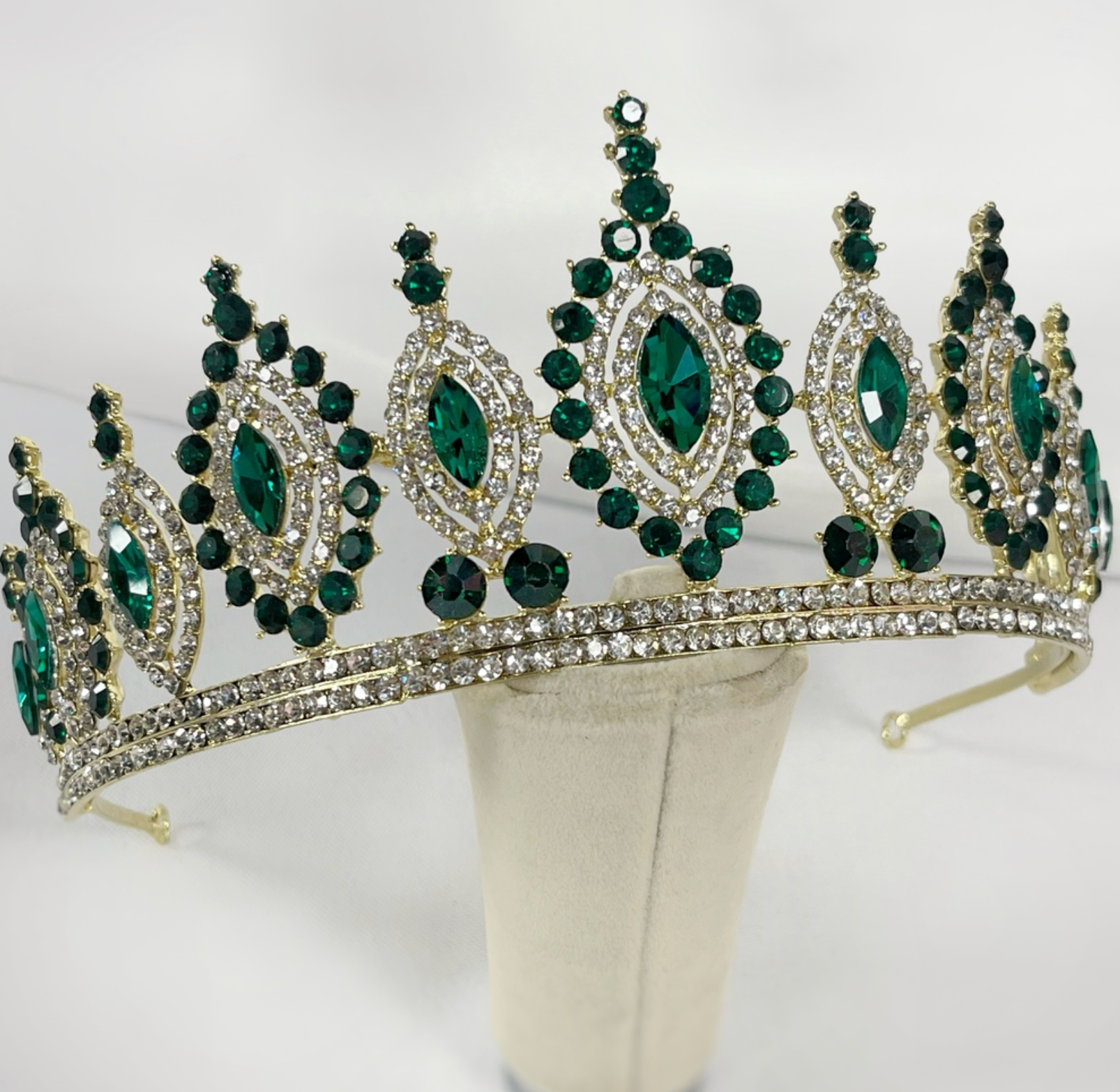 Fairuz Emerald Bridal Tiara | Green Crystal Wedding Crown with Rhinestones