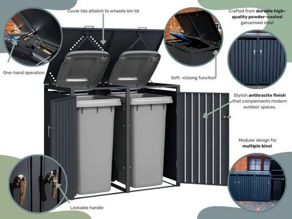 Anthracite Grey Solid Panel Wheelie Bin Storage - Triple Bin Store
